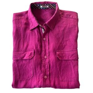 Bugatchi Pink Linen Short Sleeve‎ Shaped Fit Button Down Shirt